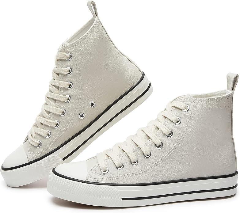 FINIWOR Womens High Top Sneakers for Women Classic Black and White Lace-Up Casual Shoes PU Leathe... | Amazon (US)