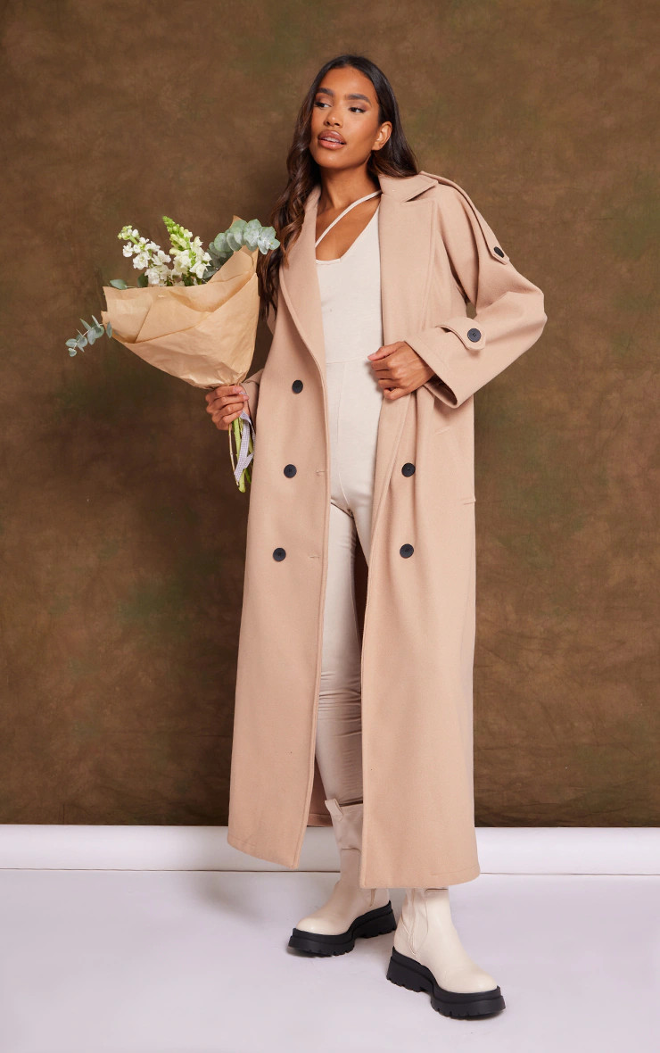 Beige Wool Look Military Coat | PrettyLittleThing UK