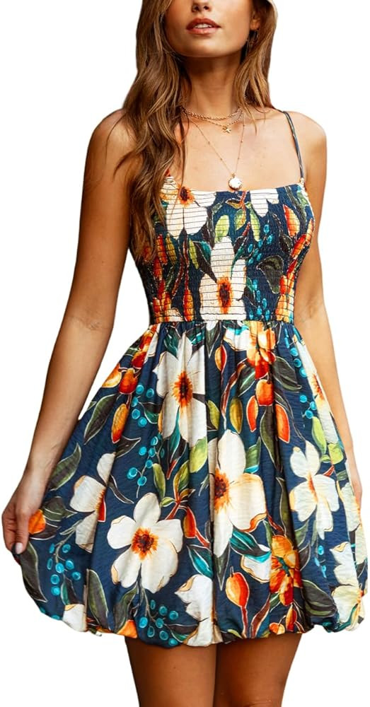 CUPSHE Women's Floral Mini Dress Tropical Bubble Hem Sleeveless Dresses Square Neck Beach Vacatio... | Amazon (US)
