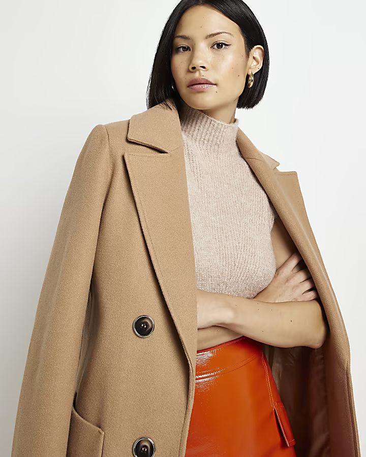 Camel longline coat | River Island (US)