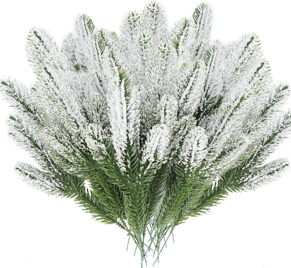 Kunjocy 24PCS Artificial Pine Needles Branches Sprigs Frosted Faux Fir Pine Twig Stems Fake Green... | Amazon (US)