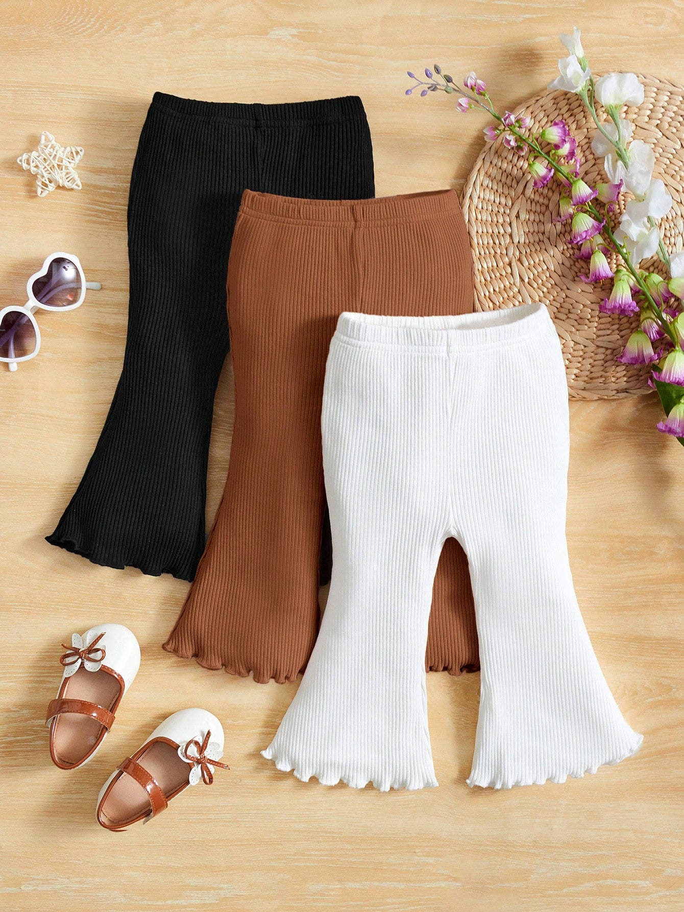 SHEIN Baby Girl 3pcs Lettuce Trim Flare Leg Pants | SHEIN