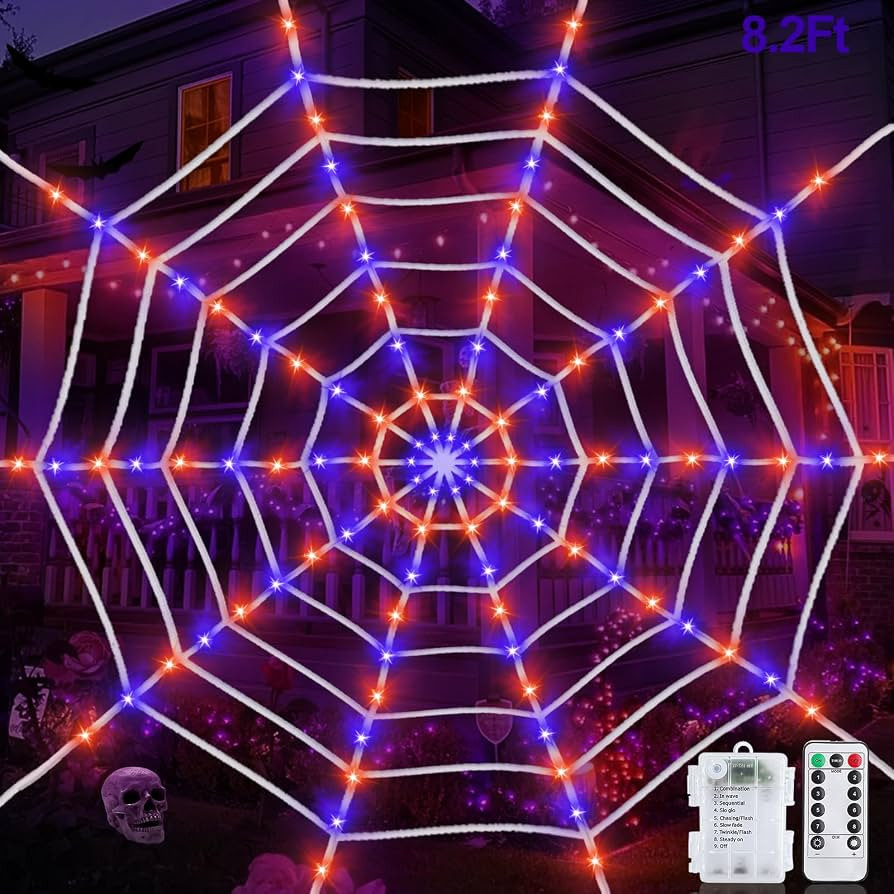 Preinstall 8.2 Ft 80 LED Orange Purple Giant Halloween Spider Web Lights Decorations Outdoor Time... | Amazon (US)