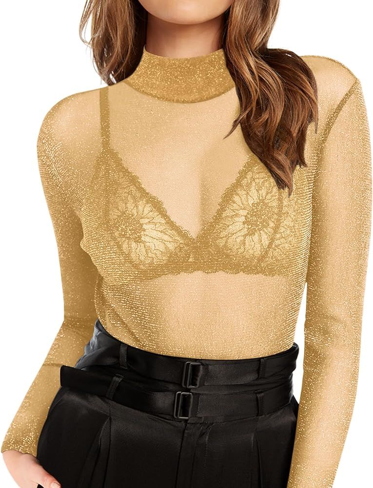 JORASOB Women's Sheer Glitter Mesh Top Long Sleeve Mock Turtleneck Sexy See Through Blouses | Amazon (US)