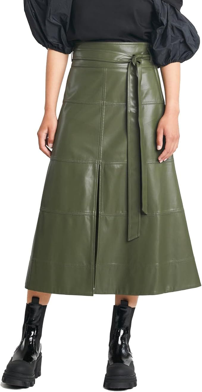 Faux PU Leather Skirt for Women High Waist Split Elegant Midi Skirt A-Line Belted Flared Casual L... | Amazon (US)