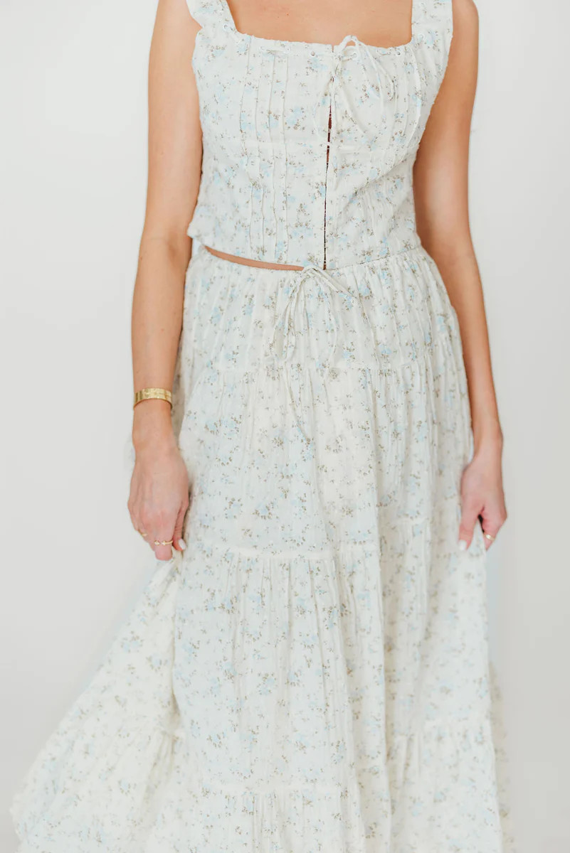 Florence 100% Cotton Corset Top & Skirt Set in Cream/Blue Floral | Worth Collective