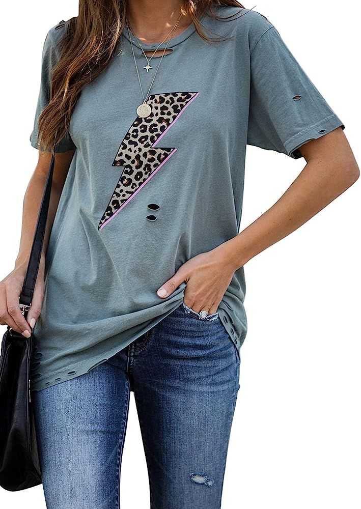 AlvaQ Womens Summer Loose Crewneck Short Sleeve Tops Graphic Print Shirts S-XXL | Amazon (US)