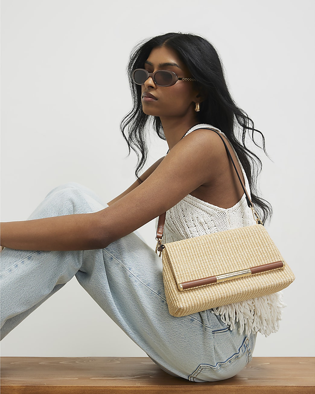Beige Raffia Bar Front Shoulder Bag | River Island UK & IE