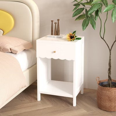 Modern White Nightstand with Drawer and Open Shelf,Scalloped Edge Bedside Table for Bedroom, Cute Minimalist Side Table for Kids Room or Girls' Room | Target
