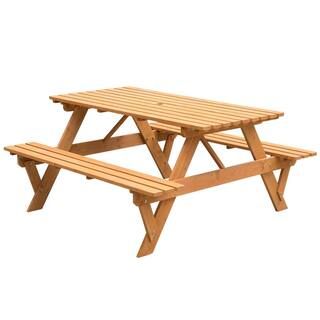 Outdoor Wooden Patio Deck Garden 6-Person Picnic Table, for Backyard, Garden, Stained | The Home Depot