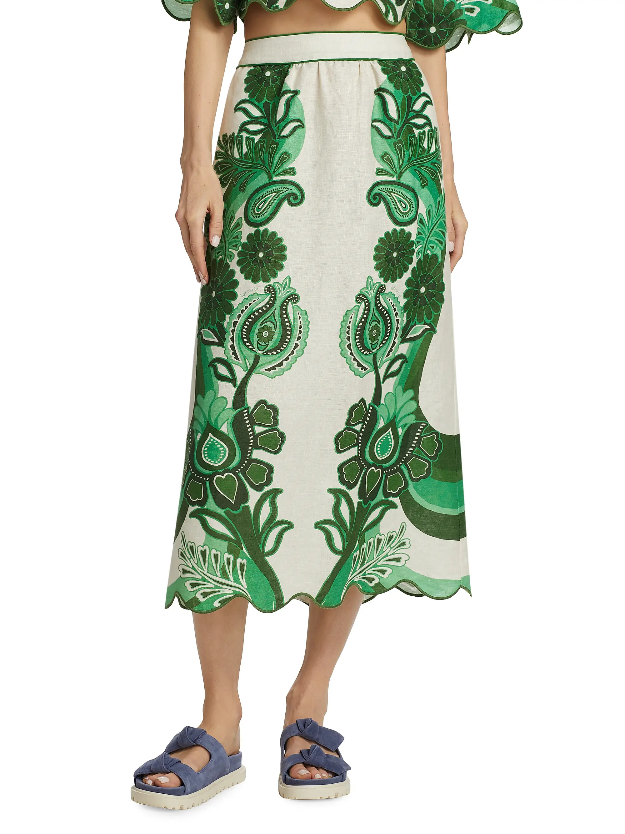 Geometric Floral Linen Midi-Skirt | Saks Fifth Avenue