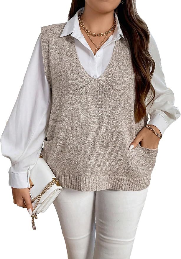 MakeMeChic Women's Plus Size Oversized Sweater Vest Top V Neck Sleeveless Pullover Knit Vest Swea... | Amazon (US)