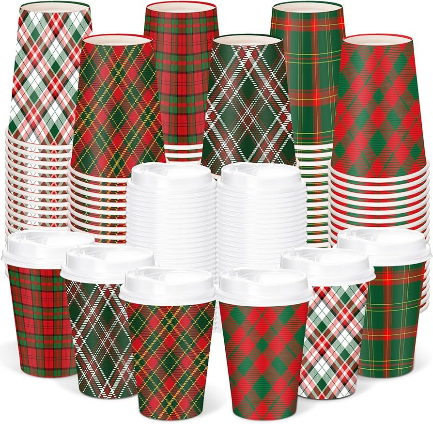 Yungyan 60 Sets Christmas Disposable Coffee Cups with Lids 12 oz Buffalo Plaid Paper Cups Xmas Ho... | Amazon (US)