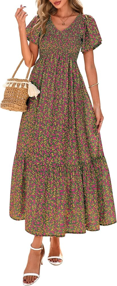 PRETTYGARDEN Boho Dresses for Women 2026 Summer Floral Short Sleeve V Neck Smocked Flowy Beach Va... | Amazon (US)