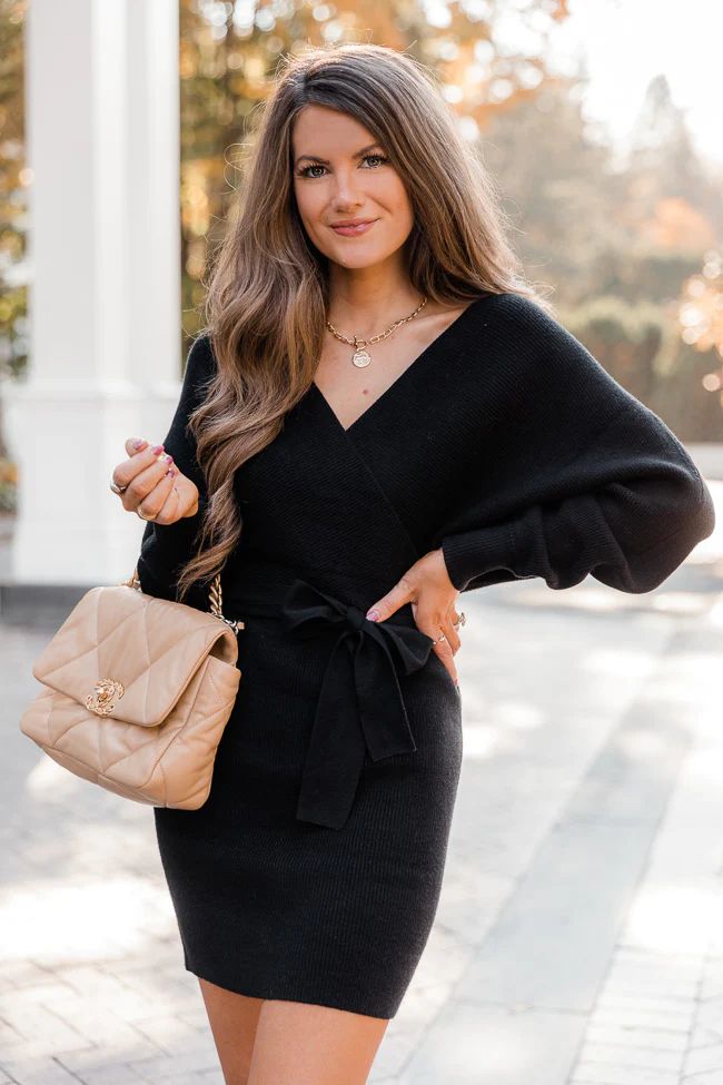 CAITLIN COVINGTON X PINK LILY The Chelsea Wrap Black Sweater Dress | The Pink Lily Boutique
