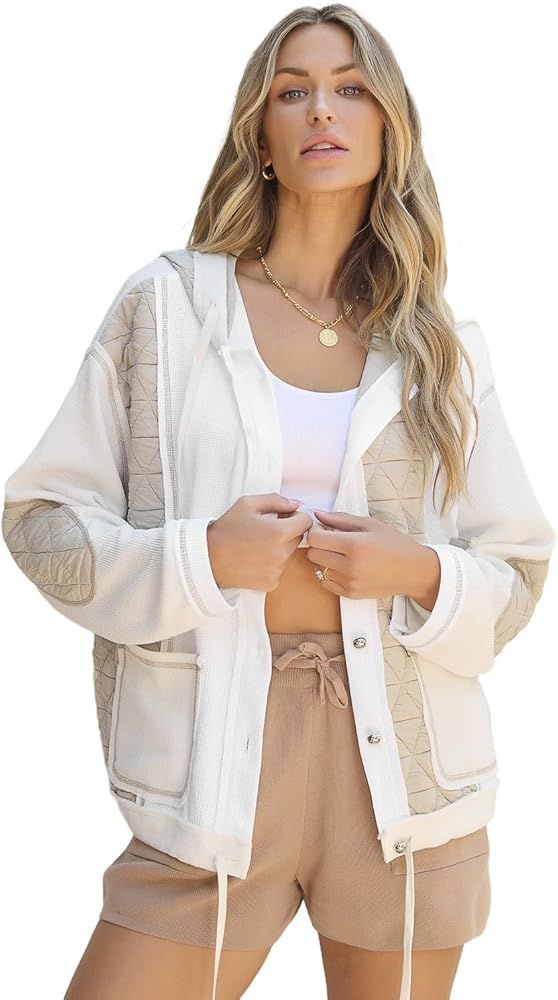 Women's Beige Quilted Textured Patchwork Hooded Jacket | Amazon (US)