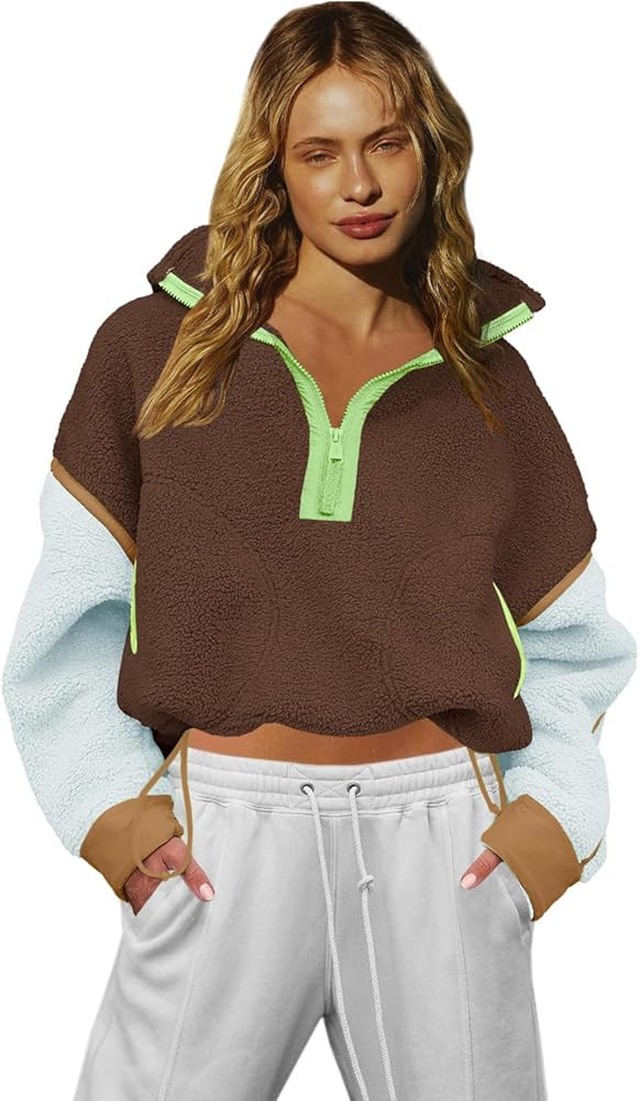 LAMISSCHE Half Zip Sweatshirt Women Oversized Sherpa Jacket V Neck Fleece Pullover Hoodie with Po... | Amazon (US)