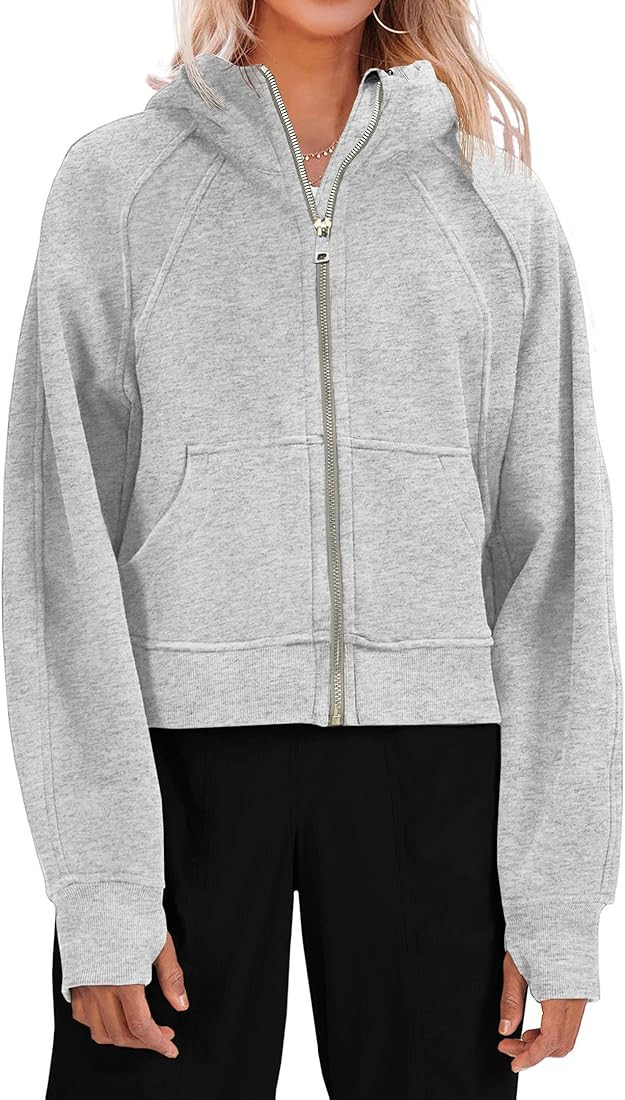 Fisoew Womens Zip Up Sweatshirts Fleece Lined Collar Crop Hoodie Casual Cotton Long Sleeve Tops with Thumb Hole | Amazon (US)