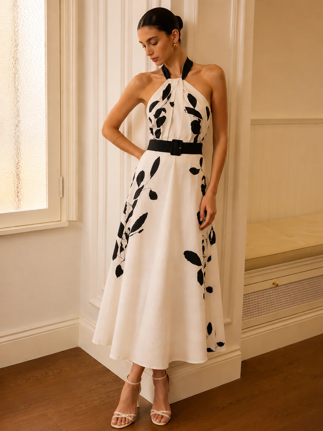 Belted Halter Leaf Print Midi Dress | Commense