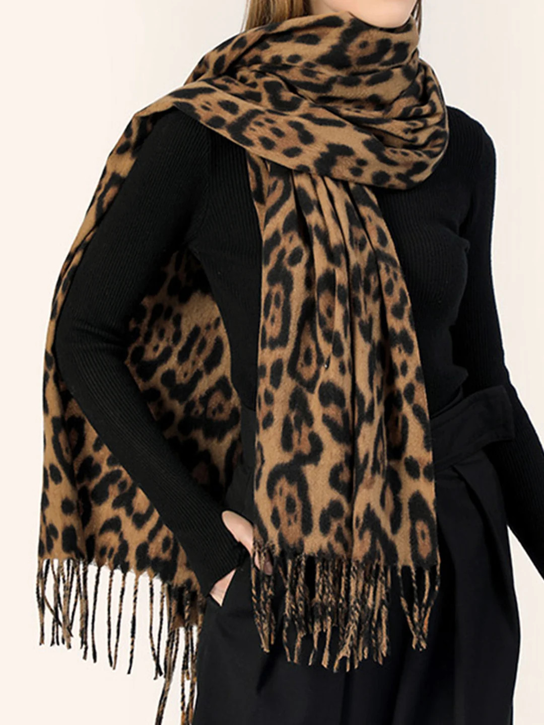 Leopard Printed Tassel Warm Scarf | Commense