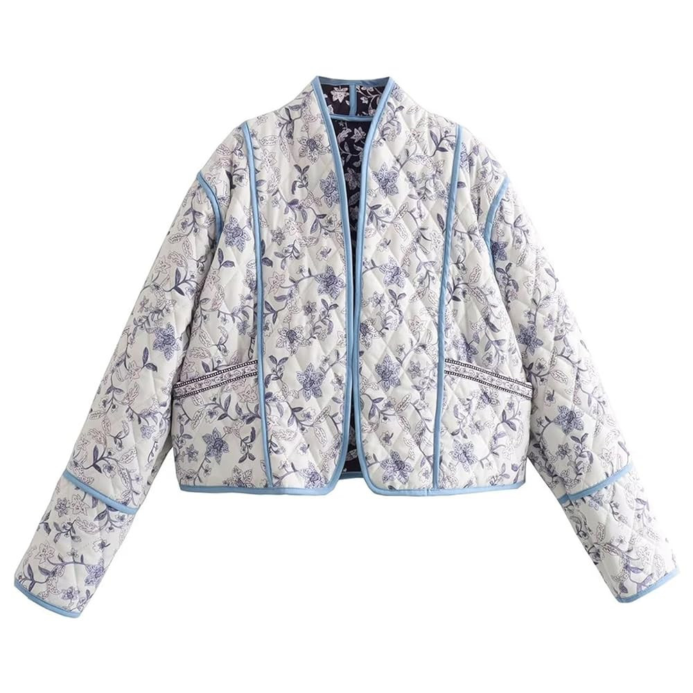 Wyeysyt Women's Cropped Puffer Quilted Jacket Cardigan Floral Printed Lightweight Long Sleeve Ope... | Amazon (US)