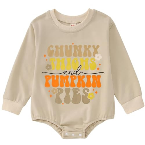 SOFEON Infant Baby Girls Thanksgiving Romper Chunky Thighs And Pumpkin Pies Outfits Bubble Sweatshirt Onesie Fall Clothes(Beige-02,18-24M) | Amazon (US)