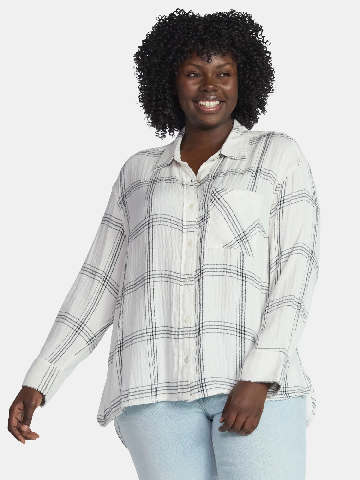 Terra & Sky Women's Plus Plaid Button Front Shirt, Sizes 0X-5X | Walmart (US)