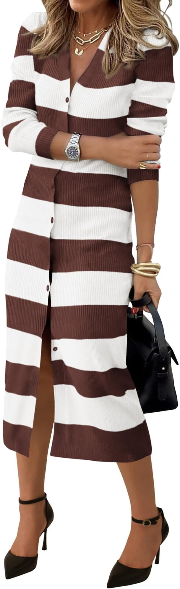 PRETTYGARDEN Women's Fall Sweater Dresses 2025 Long Sleeve V Neck Button Ribbed Knit Stripes Body... | Amazon (US)