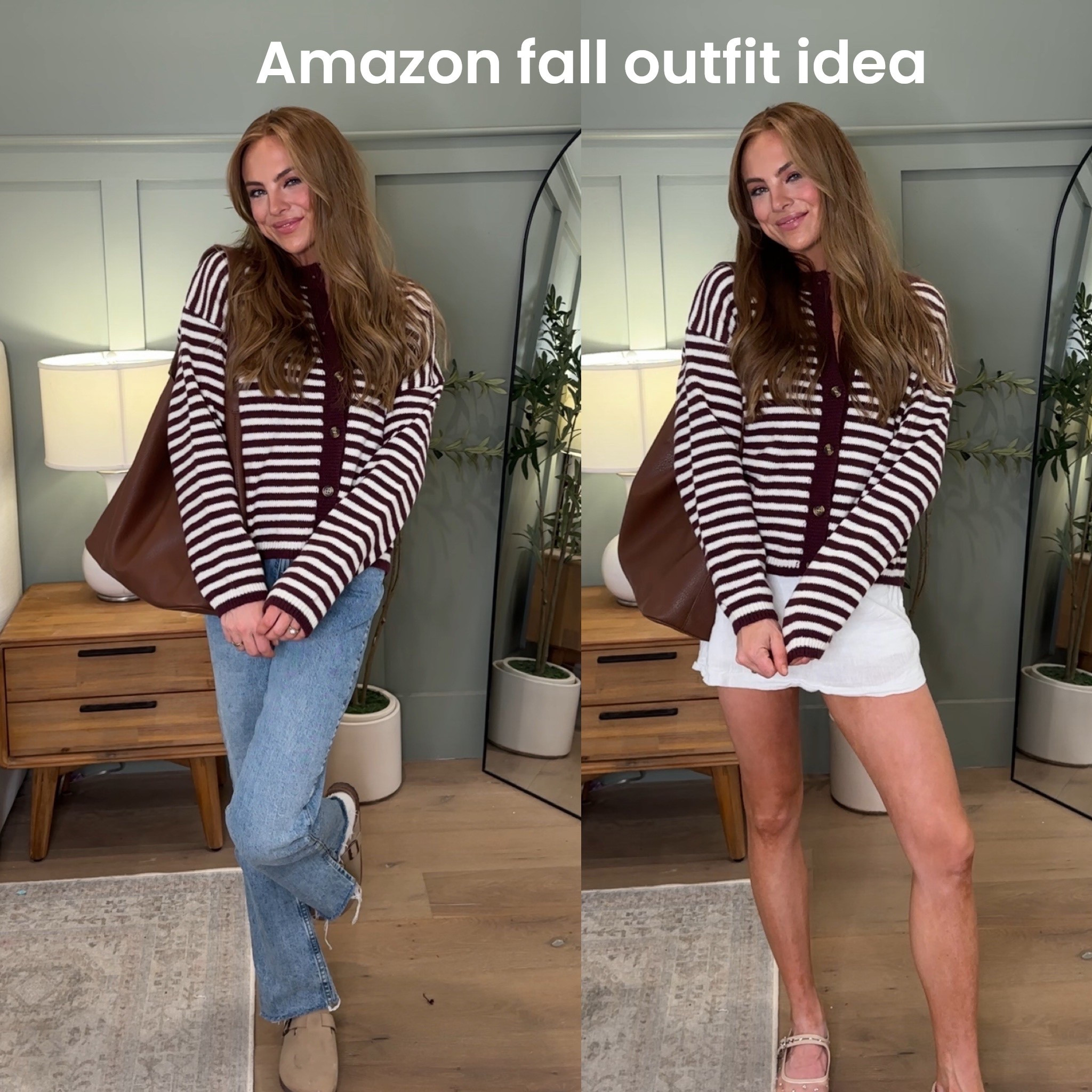 Amazon fall fashion outfit inspo idea cute cardigan stripe denim distressed white linen skirt clogs flats look for less affordable slouchy hobo bag free people fall cute pre fall transitional outfit mom ootd 