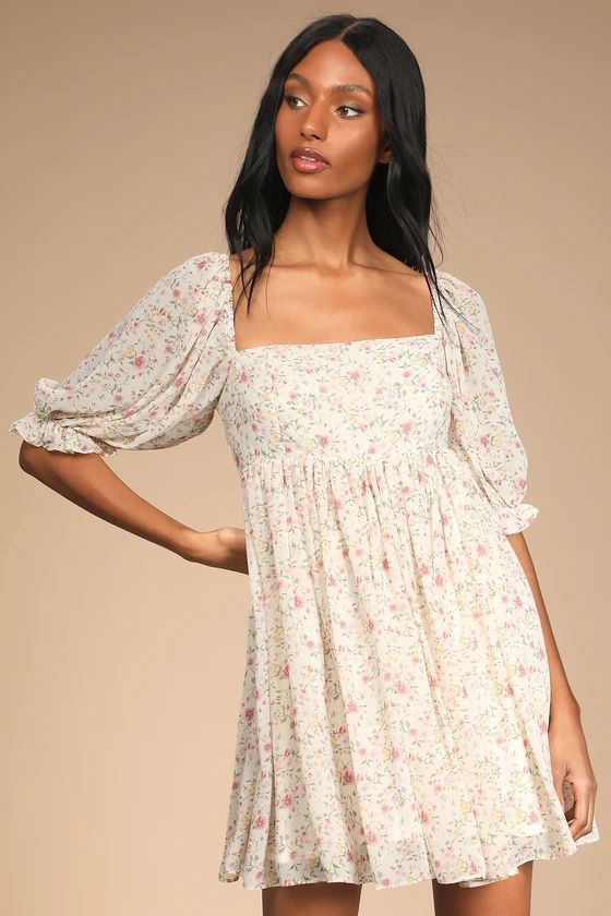 Sweet Daydreams White Floral Print Puff Sleeve Mini Dress | Lulus (US)