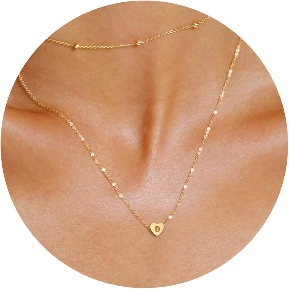Layered Heart Initial Necklaces for Women Girls - Bead Chain and Initial Pendant Necklaces, 14K G... | Amazon (US)