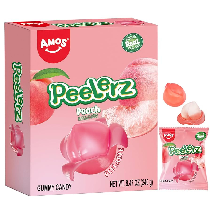 AMOS Peelerz Peach Gummy Candy, Peelable Fruit-Shaped Candy, 10 Snack Packs in Box, Chewy Peach F... | Amazon (US)