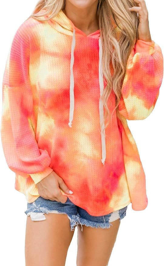 Womens Tie Dye Oversized Hoodie Casual Waffle Knit Sweatshirts Ombre Fashion Tunic Tops | Amazon (US)