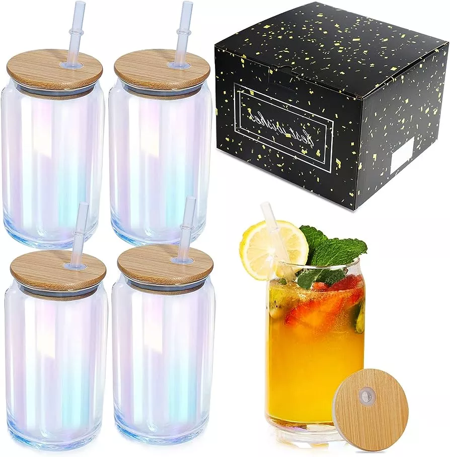  Drinking Glasses Beer Can Glass with Bamboo Lids and Glass  Straws, 4 Pack 16 oz Glass Tumbler Can Shaped Glass Cups with Lids and  Straws, Iced Coffee Cup, Beer Glasses, Ideal