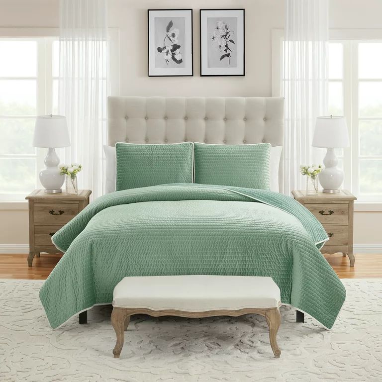 My Texas House Quinn Iceberg Green Pick Stitch Stripe Velvet 3-Piece Quilt Set, King | Walmart (US)