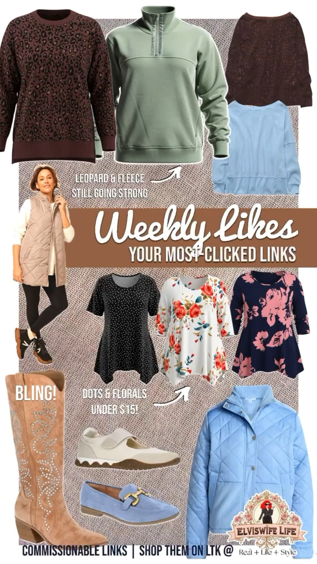What’s popular this week? Pieces that transition to spring easily (look at that beautiful blue on those suede Gucci-inspired loafers, the mixed media jacket, and the off the shoulder top - and those florals). 💖Leopard and polka dots are still going strong on sweaters, tops, and shoes, while cozy soft fleece keeps us snuggly.
🌟Blingy boots are perfect with spring dresses and skirts -keeping things grounded if you’re wearing lighter fabrics.
👇🏼Click below to grab your sizes before they sell out, and for sales as retailers start to rotate their stock, bringing in more spring items.

I’m 5’9”, and usually wear a 2X in tops and size 10 shoe. I wear a 2X in every top here EXCEPT the two sweatshirts top right, when I’m wearing an XL (if you want the off the shoulder look) or L for a more fitted look. I sized up on all the shoes to an 11, and the boots fit my wider calf (ymmv).


#ltktall #ltkootd #ltkpetite #ltkseasonal #ltkover40 #ltkworkwear #ltktravel #ltksalealert Walmart Old Navy @Aerie @ae @Lane Bryant @Steve Madden US @Maurices 

#LTKPlusSize #LTKOver40 #LTKMidsize