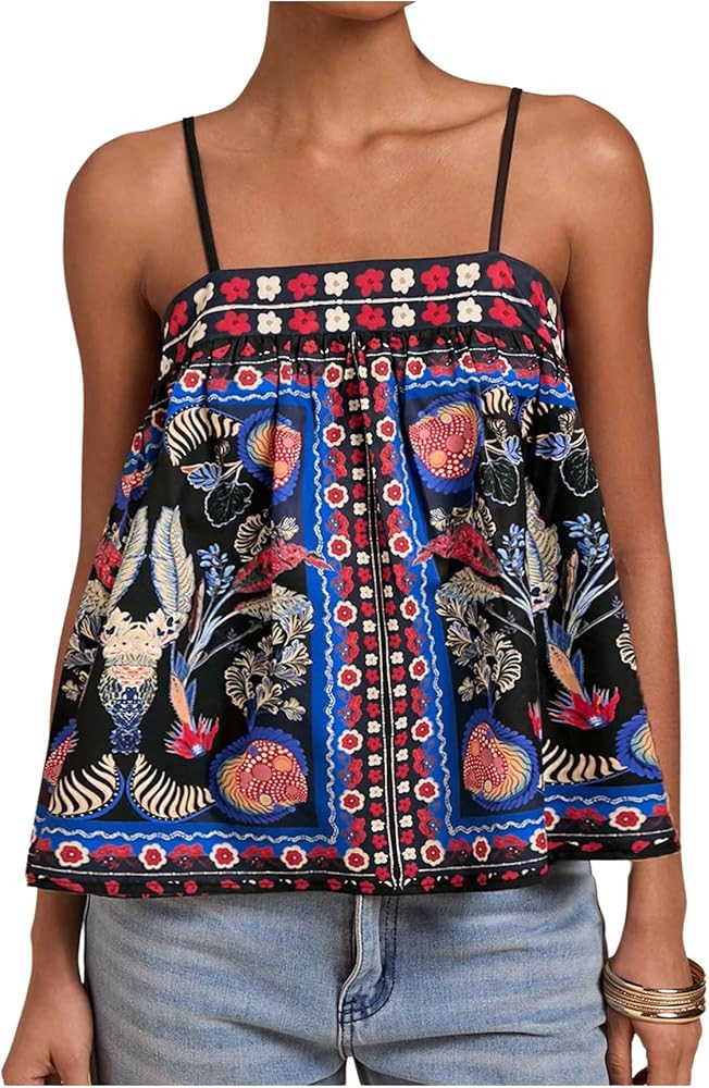 SOLY HUX Women's Boho Printed Camisole Spaghetti Strap Flared Cami Tops Beach Vacation Clothes | Amazon (US)