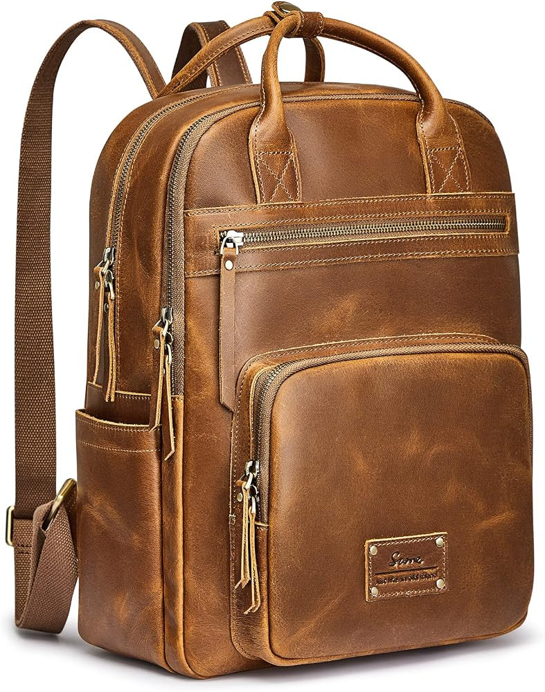 S-ZONE Vintage Genuine Leather Backpack Purse for Women Men Rucksack Travel Daypack with Luggage ... | Amazon (US)