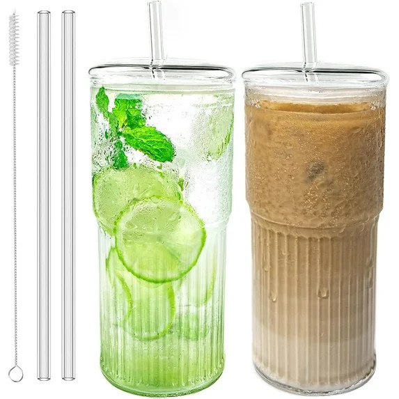 Glass Cups with Lids and Glass Straws, High Borosilicate 20OZ Tumblers (2Pcs) for Coffee, Tea, Ju... | Walmart (US)