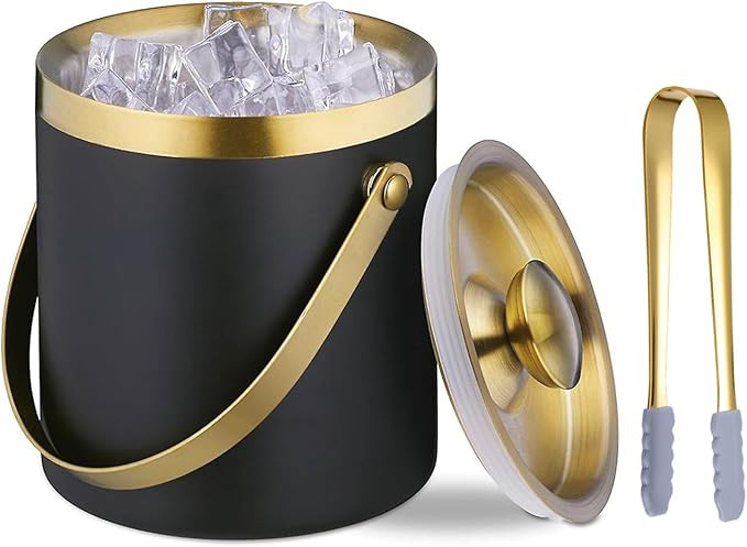 Ice Bucket with Lid, Handle and Tong Black Gold Insulated Stainless Steel Champagne Bucket 2L Win... | Amazon (US)