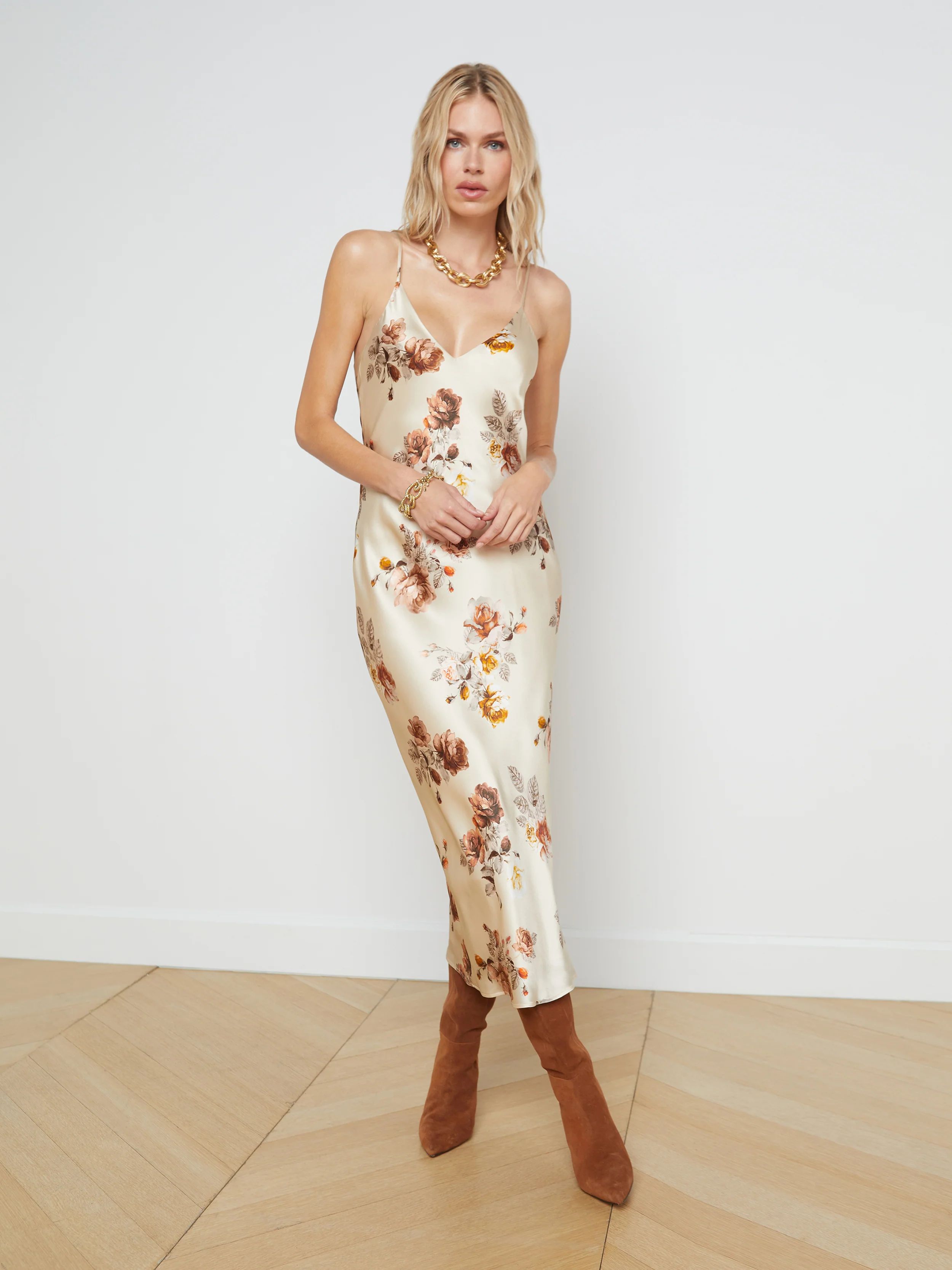 L'AGENCE Seridie Silk Slip Dress in Buff Multi Tonal Rose Floral | L'Agence