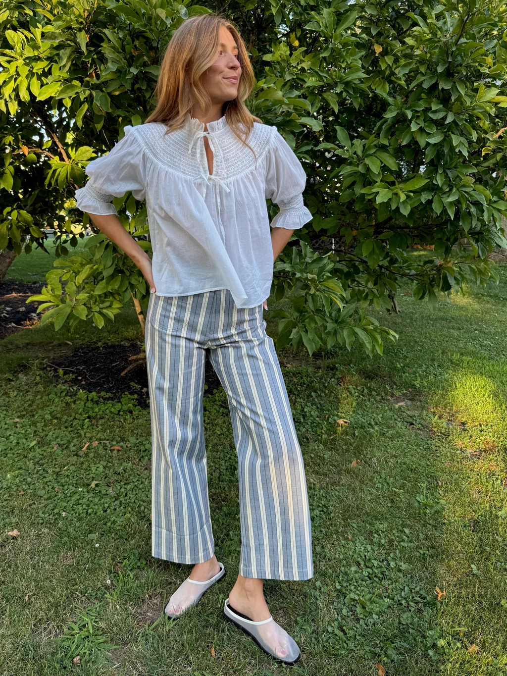 The Mindy Pant -  Coln Ticking Stripe Dusty Blue | Hill House Home US