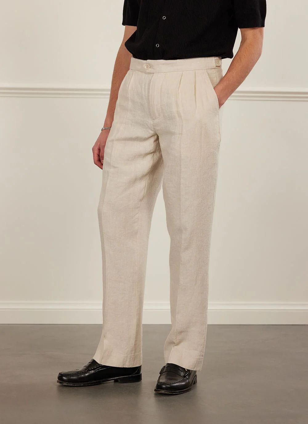 Pleated Tailored Trousers | Linen | Stone | Percival Menswear