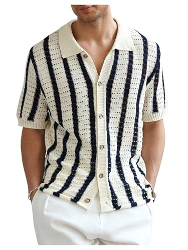 Men's Striped Crochet Shirts Hollow Out Button Down Shirts Knit Short Sleeve Casual Vacation Top | Amazon (US)