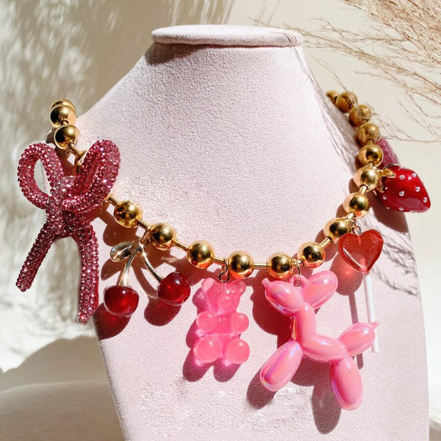 manbara Funky Jewelry Creative Pink Necklace Resin Bear Cup Love Heat Candy Chain Necklaces Charm... | SHEIN