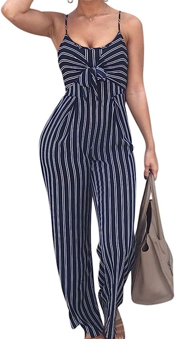 PerZeal Women's Sexy Spaghetti Strap Stripe Jumpsuits Casual Wide Leg Long Pants Rompers Sleevele... | Amazon (US)