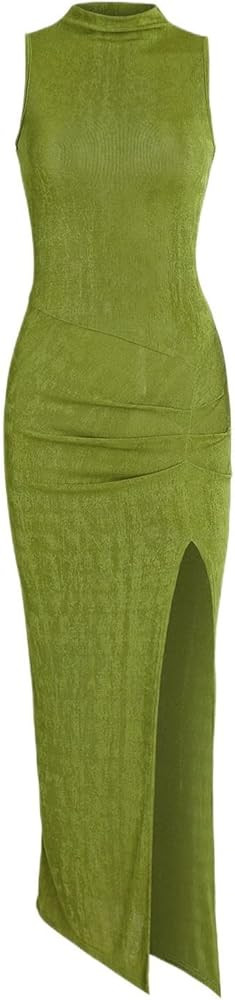 Women Sexy Semi Sheer Sleeveless Mock Turtleneck Jersey Ruched Thigh Slit Bodycon Maxi Dress for ... | Amazon (US)