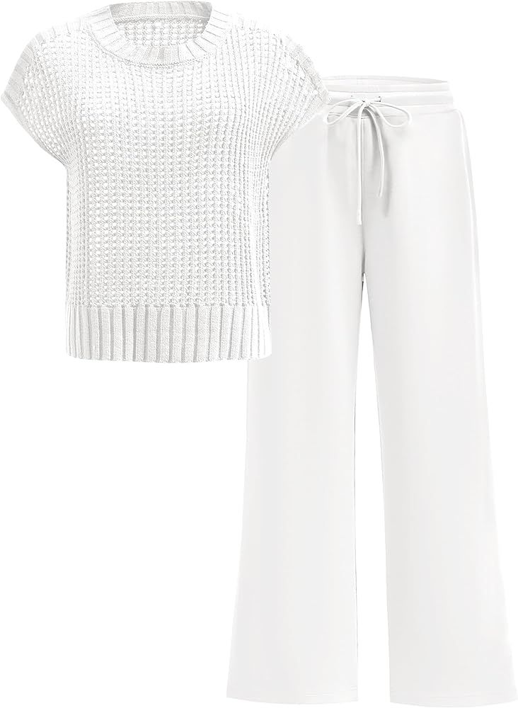 ANRABESS Women Two Piece Outfits Crochet Sheer Knit Sweater Top Wide Leg Pants Lounge Matching Se... | Amazon (US)