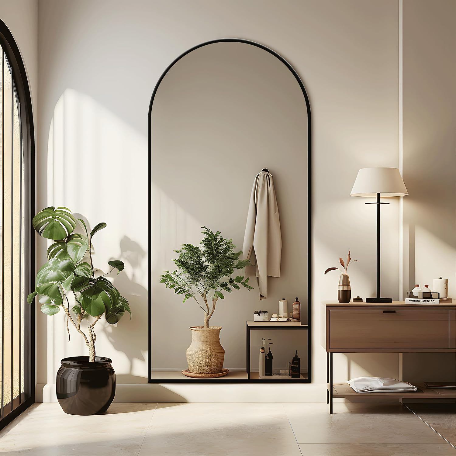 PexFix 71"x31" Black Full Length Modern Arched-Top Floor Mirror with Standing Holder Bedroom Dres... | Amazon (US)