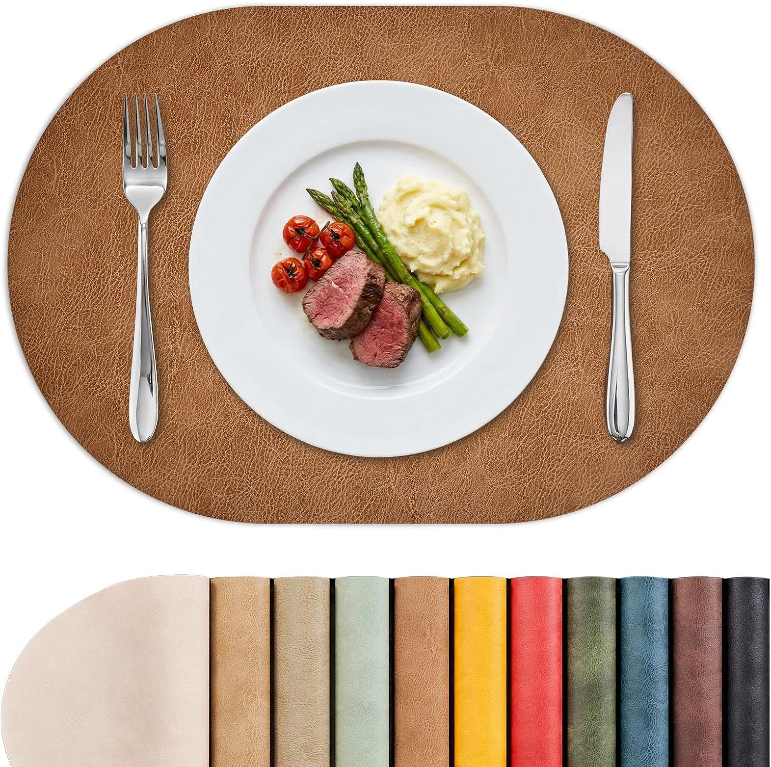 MOSAYT Vinyl Faux Leather Oval Placemats, Set of 6, Reddish Brown | Amazon (US)
